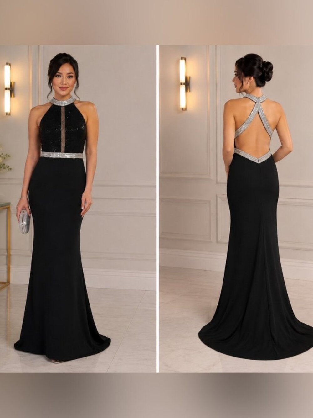 Elegant Halter Neck Open Back Mesh Center Black Dress Size 2